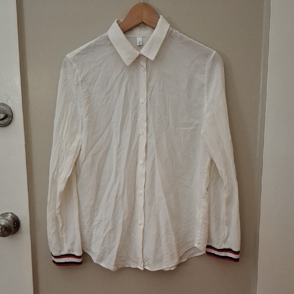 Lily Silk 100% Mulberry Silk Shirt With  Knit Stripped Cuffs_1